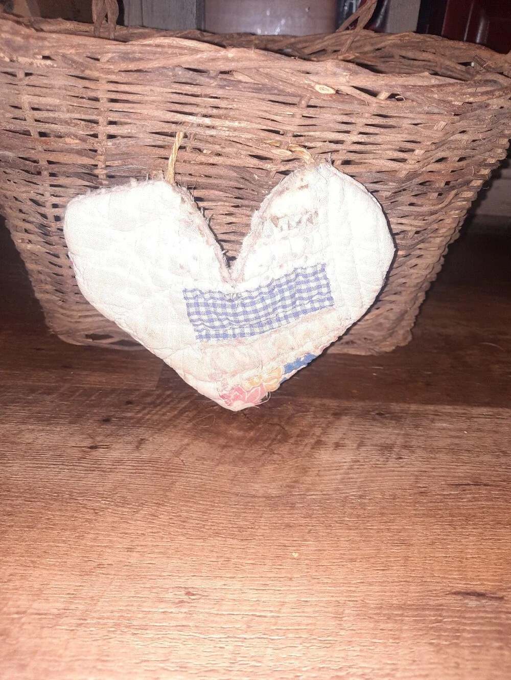 Rustic Woven Brown Basket with Quilt Heart Accent
